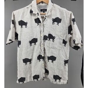 True Grit Button Up Shirt Mens M Buffalo Print Linen Blend Beige Western Indie